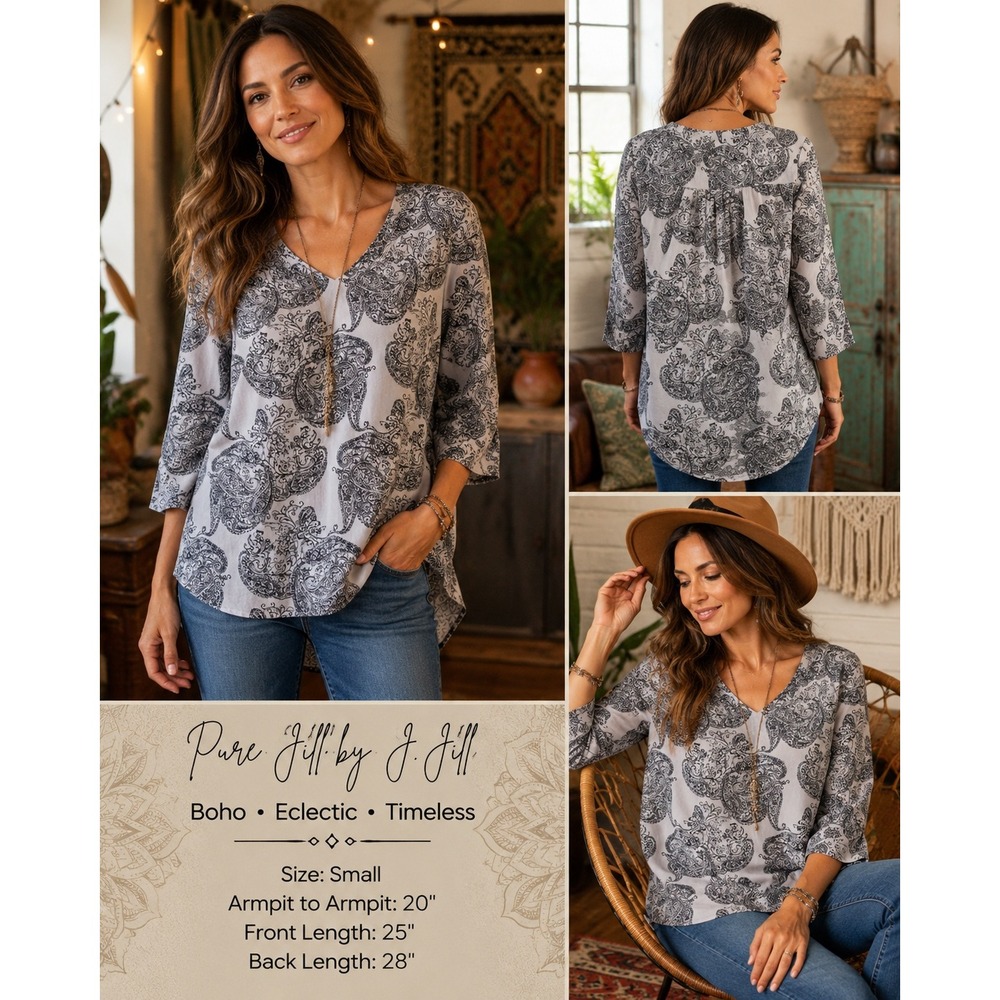 Pure Jill J. Jill Paisley Blouse 3/4 Sleeve Boho Eclectic Tunic Top Gray Black S